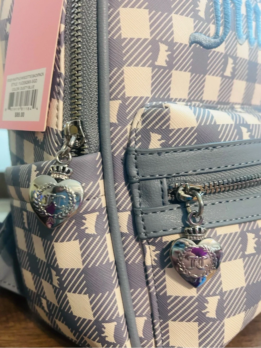 Juicy Couture Study In Style w/scottie Backpack w/ Plush Charm, Dusty Blue Color